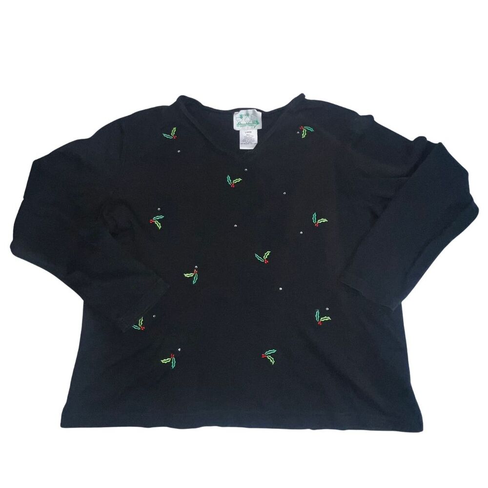 VTG The Quacker Factory T shirt Womens Large Holiday Mistletoe Diamond Accents